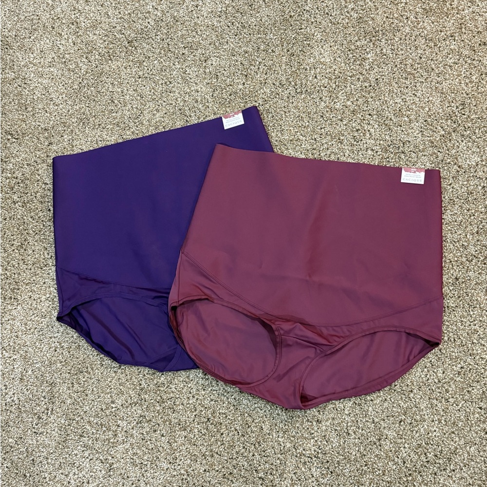 Totally smooth with high waist briefs. Purple and Maroon Bottoms. Size 26/28 NWT